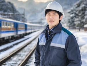 Firefly 雪が積もった、新幹線の線路をバックに作業服を着た若い人が立っている 95201